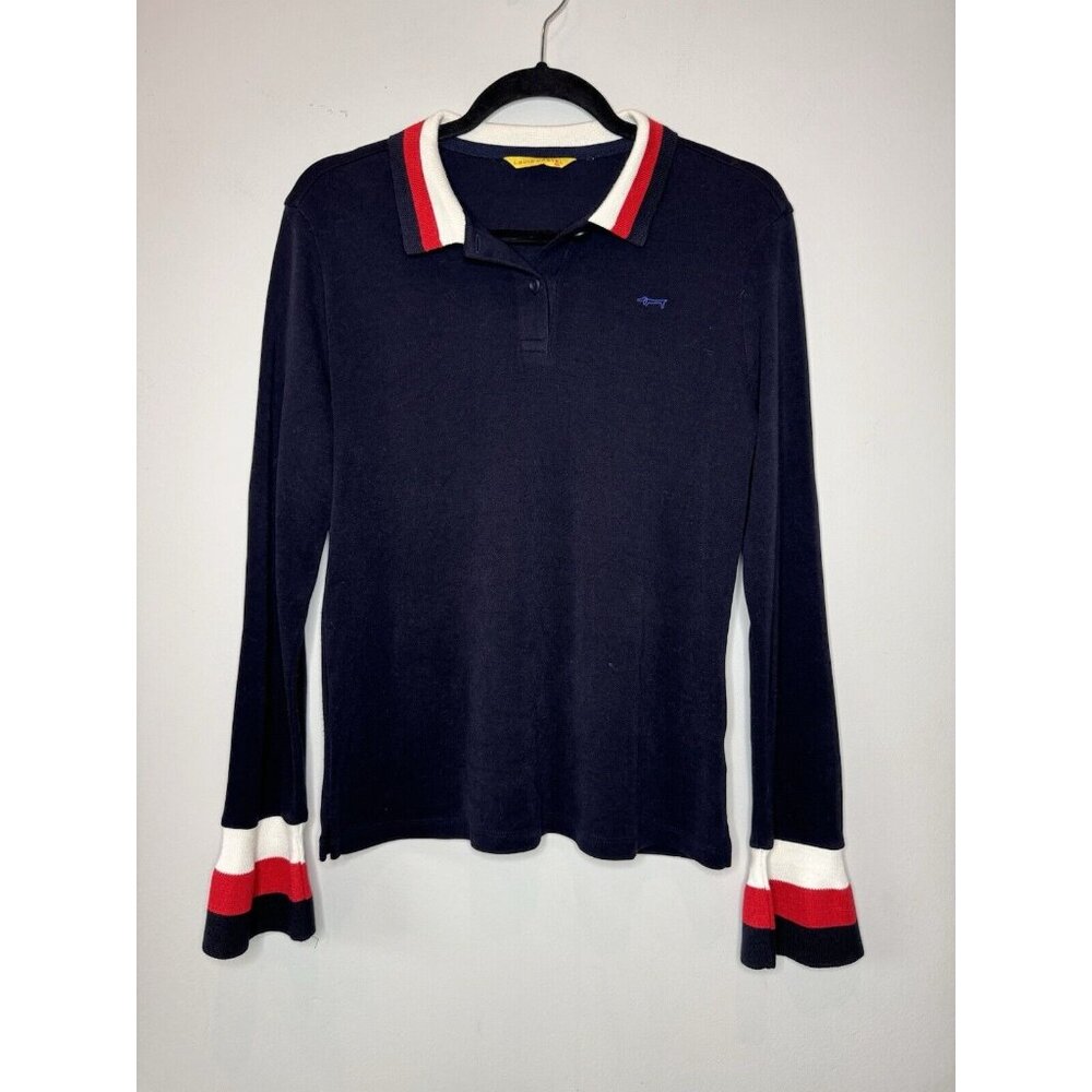 Louis Castel Womens Sz 100 M Long Sleeve Golf Sweater Shirt Blue Stripe Trim
